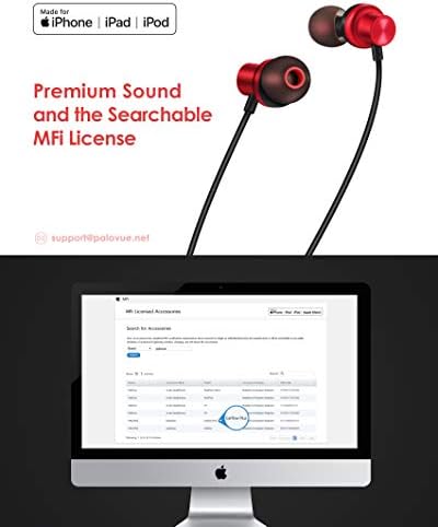 PALOVUE Lightning Earphones – Premium Magnetic In-Ear Earbuds with Built-In Mic & Controller for i Phone Models 13/12/11 Pro Max/X/XS Max/XR/8/7 – Stylish Earflow Plus Metallic Red Design for Superior Comfort and Sound Quality