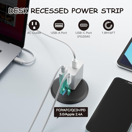 XBA 2-Inch Recessed Desktop Power Grommet with PD 20 W USB-C and 18 W USB-A Ports – Streamlined Hidden Power Outlet with 6 FT Extension Cord for Efficient Charging in Home Offices and Conference Rooms – Elevate Your Workspace Organization and Productivity