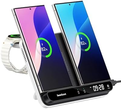 Dual Wireless Charging Station for Samsung Galaxy Devices – Fast, Efficient Charger for Galaxy Watch 8/7/6/5/4/3 and S Series Phones (S25 Ultra/S24/S23/S22/S21/Z Flip 7/Z Fold 7) – Compact Design with Safety Features for Tangle-Free Power Solutions