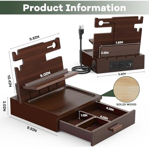 Nightstand Organizer with Charging Station, Wood Docking Station with USB Ports and Outlets, Gifts for Men, Bedside Holder with Drawer for Kindle,Phone,Key, Watch & Accessories (Classic Black) – Enhanced Compatibility and Speed