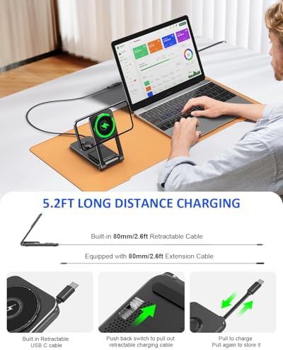 Ultimate 3-in-1 Magnetic Wireless Charging Station with Retractable Cable – Fast 15 W Charger for i Phone 16, 15, 14, 13, 12, Apple Watch & Air Pods – Portable Foldable Design with 20 W Adapter for Home, Office & Travel – Enhanced Safety Features & Cable Management Solutions