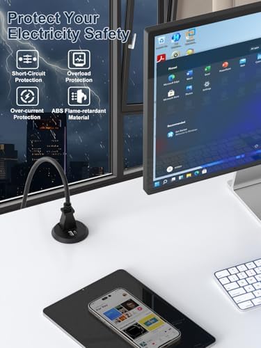 Recessed Desktop Power Grommet with PD 20 W Fast Charging USB-C and QC3.0 USB-A Ports – ETL Certified 2-Inch Outlet for Office, Home, Nightstand, and Kitchen with 6 ft Extension Cord (Black) – Streamlined Charging Solution to Minimize Clutter and Maximize Efficiency