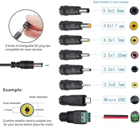 Guan Ting Universal 12 V 2 A Power Supply Adapter – High-Efficiency AC to DC Charger with 8 Interchangeable Tips for Maximum Flexibility – Compact 24 W Converter for Rapid Charging and Enhanced Device Compatibility