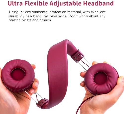 Olyre Lightweight Wine Red Kids Headphones – Ergonomic Wired Earphones for Toddlers – Superior Audio Quality with Tangle-Free Design – Comfortable, Durable & Stylish for School, Travel, and Home Use – Ideal for Young Listeners and Seamless Compatibility with Tablets and Smartphones