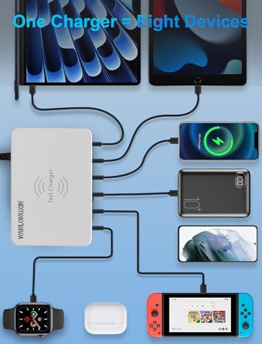 Ultimate 100 W 6-Port USB Charging Hub with Qi Wireless Charging Pad – Rapid Multi-Device Power Station for i Phone, Samsung, Tablets & More – Essential for Home, Office, and Travel Efficiency