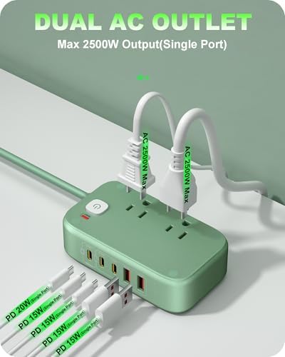 Ultimate 7-in-1 Power Strip with 65 W Ga N Technology | Flat Plug Design for Space-Saving | 3 USB-C & 2 USB-A Ports for Rapid Charging | 2500 W AC Outlet for Home, Office, College & Travel | Versatile Surge Protector for All Devices