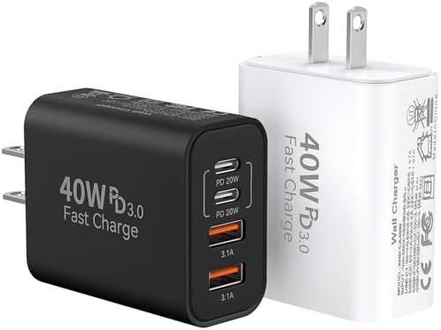 Ultimate 40 W Multiport USB-C Fast Charger – High-Efficiency 4-Port Power Adapter with Quick Charge 3.0 & Power Delivery for Super-Fast Device Charging – Sleek, Portable Design Perfect for Travel – Convenient 2-Pack for Enhanced Versatility and Easy Charging on the Go