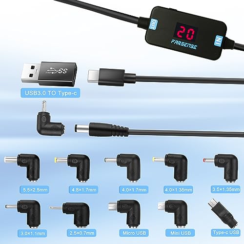 FARSENSE Versatile USB C to DC Adapter with 10 Connector Tips – 3.3 ft Barrel PD Trigger Cable for Effortless Voltage Switching and LED Voltage Display – Essential Power Solution for Laptops, Cameras, and More