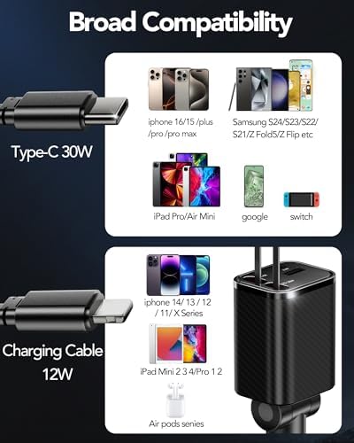 2025 Ultra-Compact 4-in-1 Retractable Car Charger – 69 W Fast Charging Adapter for i Phone 16, Galaxy and More – Innovative Space-Saving Design with Multiple Ports for Simultaneous Device Powering – Essential Car Accessory for Daily Commutes and Road Trips