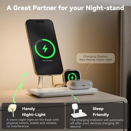 Revolutionize Your Charging Routine with the 4-in-1 Mag-Safe Wireless Charging Station – Optimized for i Phone 16/15/14/13/12, Apple Watch Series 9-1/Ultra/SE, and Air Pods 4/3/2/Pro with Built-in Night Lamp for Enhanced Ambiance and Speed – Perfect for Streamlined Home or Office Use