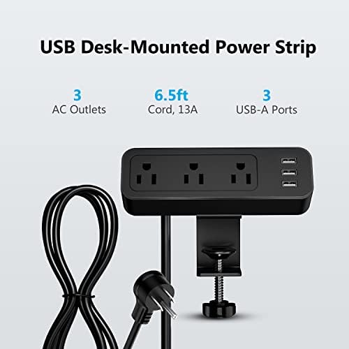 Maximize Workspace Efficiency with JSVER Desk Clamp Power Strip – 3 AC Outlets & Dual USB Ports, 6.5 ft Extension Cord for Home Office & Workshop – Seamless Desk Organization & Rapid Charging Solution