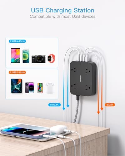 HANYCONY 10 Ft Ultra Thin Flat Extension Cord with 4 AC Outlets & 4 USB Ports (2 USB-C) – Wall-Mountable Power Strip & Desk Charging Station for Seamless Office, Dorm, and Travel Connectivity – Superior Surge Protection & Space-Saving Design