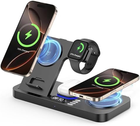 Revolutionary 6-in-1 Dual Wireless Charging Station for Apple Devices – Fast Magnetic Charger for i Phone, Apple Watch, and Air Pods with Dynamic 7-Color Ambient Lighting & Built-in Clock – Enhanced Compatibility with Mag Safe Cases, Includes Adapter & Type-C Cable – Perfect All-in-One Charging Solution for the Modern Apple User