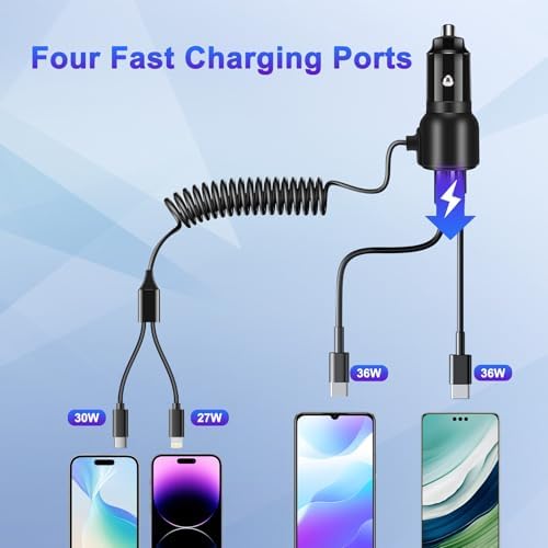 BUNUD 66 W USB C Car Charger with Retractable Cable: Dual Port PD & QC3.0 Adapter for Rapid Charging – Ideal for i Phone 16/15, Galaxy S24/S23, and All USB-C Devices – Perfect for Road Trips and Daily Commuting – Compact Design for Easy Storage and Enhanced Compatibility