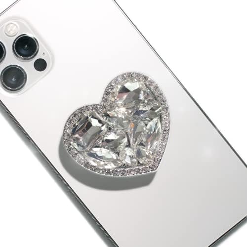 Elegant Heart-Shaped Diamond Phone Grip and Stand – Chic Collapsible Mobile Accessory for Secure Handling and Stylish Functionality (Silver Small)