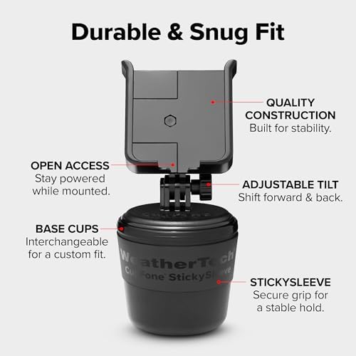 Universal Adjustable Car Cup Holder Phone Mount – Weather Tech Cup Fone for i Phone & Android – Secure Grip with Open Charging Access – Hands-Free Convenience – Durable Black Design for Every Vehicle