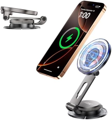 Revolutionary 15 W Magnetic Wireless Car Charger Mount – Adjustable Fast Charging Holder for i Phone 12-16 | Sleek, Foldable Design for Optimal Viewing | Ideal Gift for Tech-Savvy Drivers | Enhanced Mag Safe Compatibility & Travel-Friendly Convenience