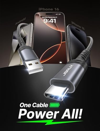 JSAUX 10 ft USB C Cable 2-Pack – High-Speed Charging & Data Transfer for i Phone 16 Series, Samsung Galaxy S20/S10/S9 & Note 20 – Durable Nylon Braided Design for Ultimate Reliability – Perfect for Home, Office & On-the-Go Use – Enhanced Compatibility with USB 3.1 Technology – Sleek Black Finish for Professional Aesthetics