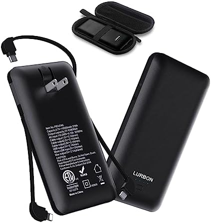 LURBON 10000 m Ah Slim Power Bank with Built-in AC Plug and USB-C Cable – Ultimate Portable Charger for Phones and Tablets, Enhanced Fast Charging for Travel and Everyday Use, Versatile Battery Pack with 3 Integrated Cables for Maximum Compatibility