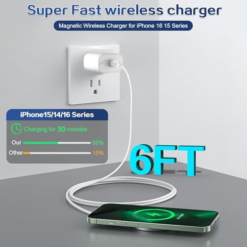 Magnetic Wireless Charger Duo for i Phone 16/15 Series – Fast 15 W Mag Safe Charging with 20 W USB-C Power Adapter – 6 ft Dual Pack for Seamless Compatibility with i Phone 16 Pro/Max, 15 Pro/Max, 14/13/12 Models & Air Pods – Enhanced Safety Features & Superior Magnetic Alignment for Optimal Performance