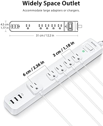 6 Ft Surge Protector Power Strip with 5 AC Outlets & 2 USB-C Ports – Space-Saving Flat Extension Cord for College Dorms & Home Office – Reliable Desktop Charging Station in Sleek White Design – Enhanced Surge Protection for Optimal Device Safety