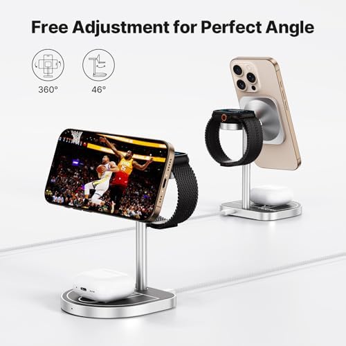 X85 Magnetic 3-in-1 Wireless Charger Stand – Versatile Charging Station for i Phone 16/15/14/13/12, Apple Watch S10/Ultra/9/8/7 & Air Pods 4/3/2/Pro – Adjustable Viewing Angles with Unique Basketball Court Design – Fast Charging Solution for Tech Enthusiasts