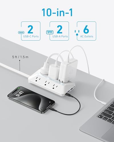Anker Ultra-Thin 10-in-1 Power Strip with 300 J Surge Protection & USB Charging Hub – 6 AC Outlets, 2 USB-A, 2 USB-C Ports, 5-Foot Extension Cord for Home Office, College Dorm, and Workspaces – Space-Saving Desk Charging Station