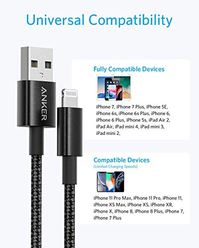 Anker 6 ft Durable Double-Braided Nylon Lightning Cable – Apple MFi Certified for Fast Charging and Data Transfer with i Phone and i Pad Compatibility – Premium Quality Accessory for Reliable Performance (Black)