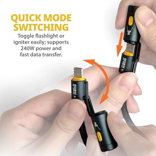 NTW 5 Feet 240W USB-C Charging Cable with LED Flashlight & Igniter, Fast Charging for MacBook, iPhone, Android, Heavy-Duty Nylon Braided, Dual USB-C Connectors, Glow-in-the-Dark, 480Mbps Data Transfer – Enhanced Compatibility and Speed