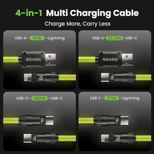 Innovative GEARit 100 W 4-in-1 Fast Charging Cable – Versatile USB-C, USB-A & Lightning Connectors, 4 Feet Silicone Charger for i Phone, Mac Book Pro & More – Ultimate Multi-Device Power Solution with Enhanced Durability and Speed