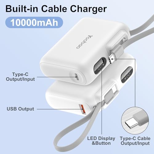 Yoobao 10,000 m Ah Portable Power Bank with Built-In USB C Cable – Fast Charging Battery Pack for i Phone 15/16 & Android Devices – Essential Travel Charger with LED Display for Ultimate Convenience and Compatibility