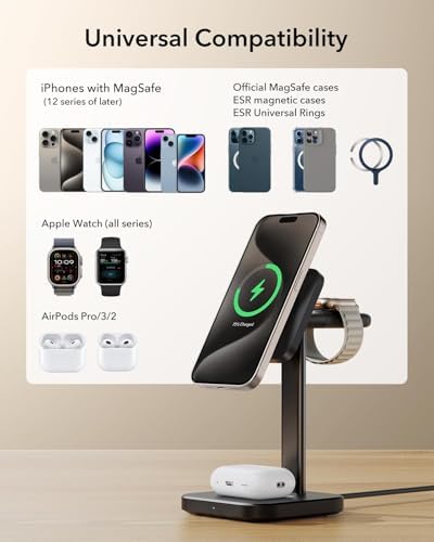 ESR Qi2 3-in-1 Wireless Charging Station – Fast 15 W Mag Safe Charger for i Phone 16/15/14/13, Certified Apple Watch & Air Pods Charger, Sleek White Design for Home or Office – Ultimate Multi-Device Charging Solution with Enhanced Compatibility and Speed