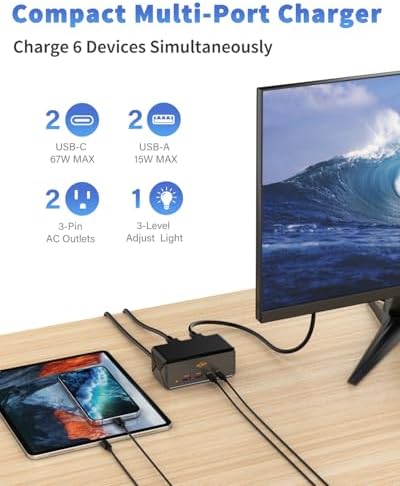 67 W Ga N USB-C Fast Charging Hub – 6-in-1 Power Station with Dual AC, USB-A & USB-C Ports, 5 ft Extension Cord, Ideal for Desktop, Office & Nightstand Use – Enhanced Speed, Versatility, and Device Compatibility