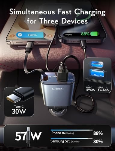 LISEN 57 W USB-C Retractable Car Charger – Ultra-Compact Fast Charging Solution for i Phone 16/15 Pro Max & Samsung Galaxy S25/24 – 75% Space-Saving Design with Enhanced Compatibility for All Android Devices – Tangle-Free Convenience for On-the-Go Power