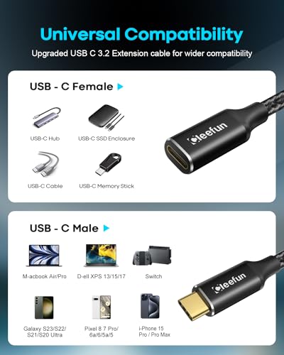 CLEEFUN 10 ft USB C Extension Cable – Unlock 100 W Fast Charging & 5 Gbps Data Transfer with Stunning 4 K Video Sync for Laptops, Tablets, and Phones – Premium Compatibility & Durable Design for Enhanced Connectivity Experience