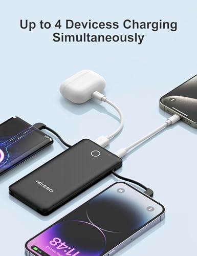miisso 10000 m Ah Ultra-Slim Portable Power Bank with Integrated Charging Cables – Multi-Device USB-C Travel Charger for i Phone & Samsung – Compact, Lightweight Battery Pack Designed for Maximum Portability and Efficiency