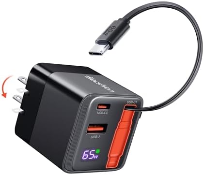 Premium 65 W USB-C Fast Charger with Retractable Cable & Dual USB Ports – Compact Travel Adapter for Seamless Charging of Mac Book, i Phone 16 Pro Max, Galaxy S24 & More – Efficient Power Delivery on the Go