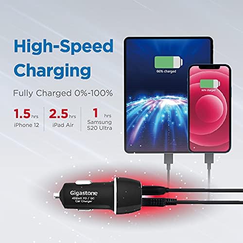 Gigastone USB C Car Charger 45 W Dual Port Fast Charging Adapter – PD3.0 & QC3.0 Compatible with i Phone 15, Galaxy S23, Pixel and More – Ultra-Compact, High-Speed Charging Solution for On-the-Go Convenience
