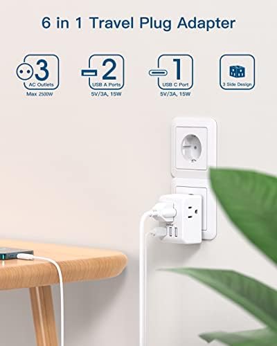 Ultimate European Travel Plug Adapter Set – Dual Pack Universal Power Converter with 3 AC Outlets and 3 USB Charging Ports (including USB-C) for Efficient Power Solutions in Italy, Spain, France, Germany, and Iceland – Essential Accessory for Global Travelers Seeking Versatile Compatibility and Rapid Charging Efficiency