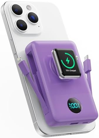 Ultimate 6-in-1 Magnetic Portable Charger, 10800 m Ah Power Bank for i Phone – Features Integrated Cables, Wireless Charging for Apple Watch, Smart LCD Display, and 25 W PD Fast Charging – Perfect Travel Accessory for All Devices with Enhanced Safety Features and Compatibility for i Phone 12 to 16 Series