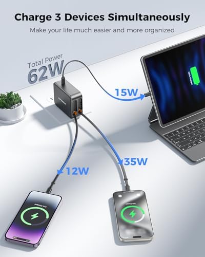 Revolutionary 62 W Retractable Wall Charger with Dual Cables – All-in-One 3-Port USB Power Hub for i Phone 16/15/14/13/12/11, Samsung, LG, Tablets – Ultimate Travel Companion with Fast Charging Innovation and Compact Design