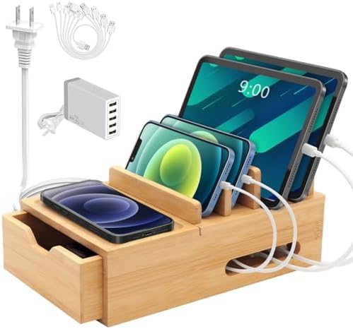 Eco-Friendly Bamboo Multi-Device Charging Station with 5-Port USB Hub, Elegant Desktop Organizer with Tray & Drawer, Includes 6 Durable Cables for Smartphones, Tablets & Smartwatches – Streamlined Power Solution for Clutter-Free Workspaces