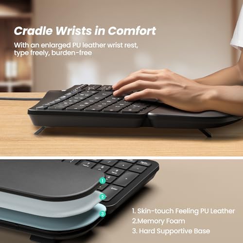 Nulea RT05 C Wired Ergonomic Split Keyboard with Cushioned Wrist Rest – Ultimate Comfort and Adjustable Tilt for Windows/Mac Users, Plug-and-Play USB Corded Design for Enhanced Typing Efficiency and Reduced Strain