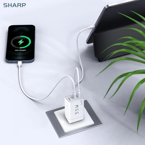 Optimize Your Charging Routine with the Sharp 35 W Dual USB-C Charger – Compact Ga N Fast Charging Adapter for i Phone 15, i Pad Pro, and More – Foldable, Portable Design for Effortless Charging Anywhere – Versatile Compatibility for All Your Essential Devices