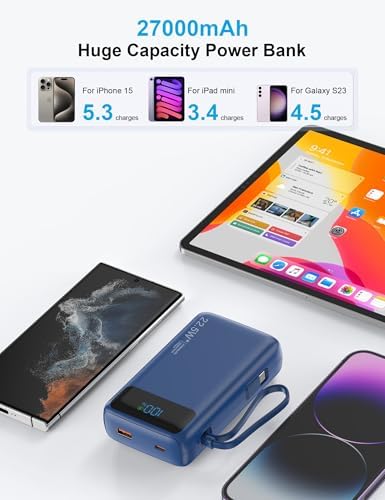 High-Capacity 27000 m Ah Portable Power Bank with Built-In Cable for i Phone 15/16 Series – Fast-Charging USB-C Battery Pack, LED Display for On-the-Go Charging, Reliable Travel Companion for All Smartphones