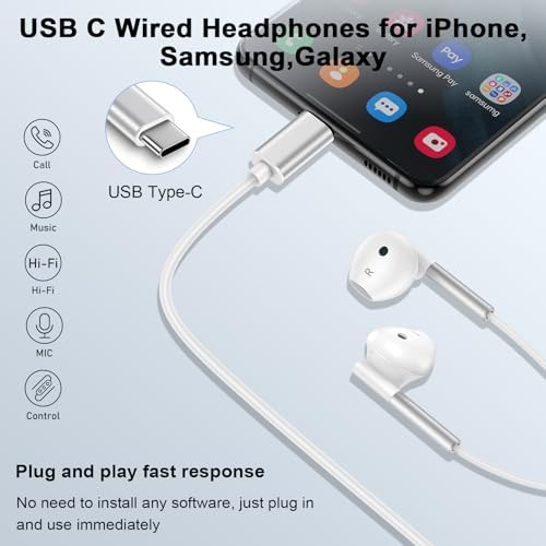 Elevate Your Audio Experience with Premium USB C Earbuds – Dual Pack Wired Headphones for i Phone 16/15 & Samsung Galaxy S Series – Exceptional Hi-Fi Stereo Sound with Built-In Microphone & Convenient Volume Control – Perfect Compatibility with Pixel 9/8/7 for Music Lovers & Active Lifestyles – Durable, Tangle-Free Design for Hassle-Free Use