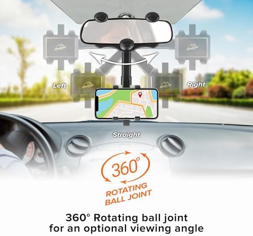 Armor All Phone Mount for Car, Rear View Mirror Phone Holder, 360° Rotatable, Adjustable Telescopic Arm, Car Phone Holder for iPhone, Samsung, & All Cell Phones Between 2.5” in – 3.7” in. Wide – Enhanced Compatibility and Speed