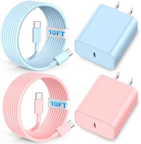 Power Up Your Devices: 2-Pack 20 W Fast Charging Wall Charger Blocks with 6 FT & 10 FT USB-C to USB-C Cables – Perfectly Compatible with i Phone 16, 15, Plus, Pro, Pro Max & i Pad Pro – Sleek White Design for Home & Travel Charging Efficiency