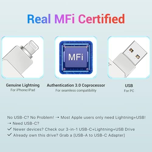 Genuine Apple MFi Certified 128 GB i Phone USB Flash Drive – Real Storage for Effortless Photo Backup & Video Transfer – Lightning Connector with Encrypted Auto Backup – High-Speed, Seamless Compatibility for i Pad & i Phone – Say Goodbye to Fake MFi Clones!