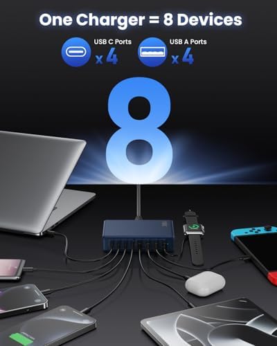 200 W Ga N IV USB-C Charging Hub: 8-Port Fast Charging Station with PD 65 W for Laptops, i Phones, i Pads, and Steam Deck – Compact & Efficient Power Adapter in Striking Red for Ultimate Device Versatility